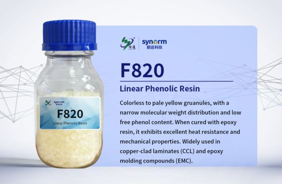 Resina fenólica lineal F820 (Novolac), granular incolora a amarillo pálido, distribución de peso molecular estrecha y niveles ultrabajos de fenol libre e impurezas iónicas
